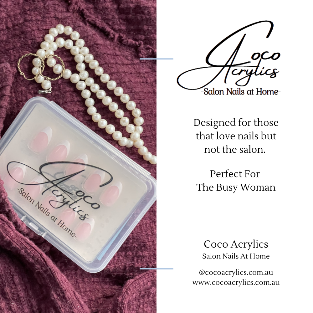 Coco Acrylics nail kit with pearls on a textured fabric background